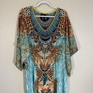 ASA Kaftans Leopard Print Beaded Maxi Dress Slit  O/S Boho Resort Maximalist